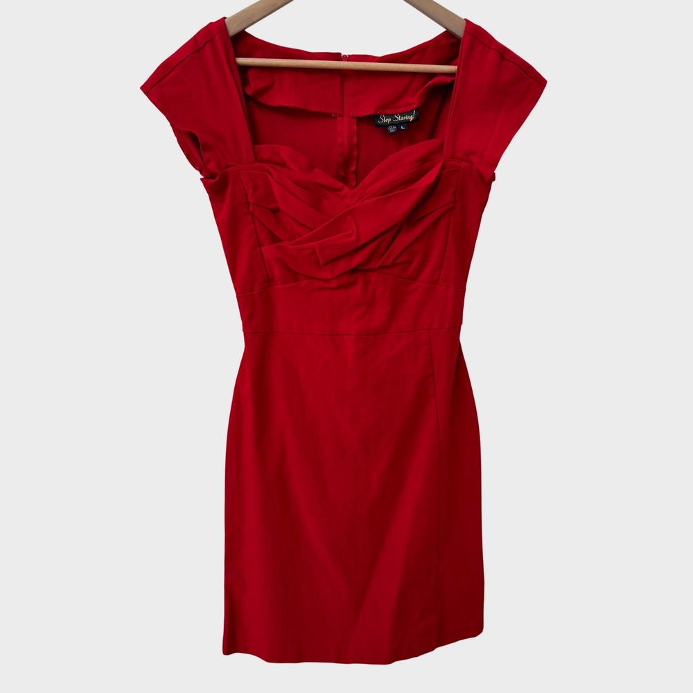 Stop Staring! Wiggle Dress Large Red Pinup Rockabilly Sweetheart Cap Sleeve